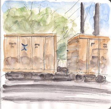 A line and wash sketch of linked railroad boxcars with rail tracks in the front and trees behind them. 