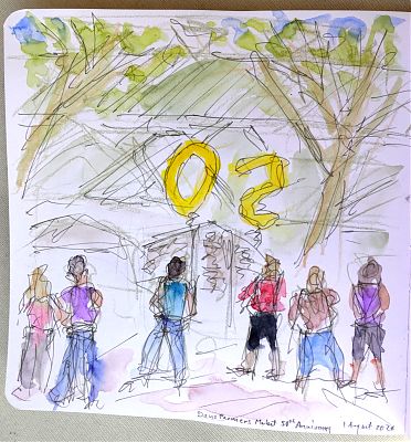 A line and wash sketch of a street scene with a large yellow backwards 50  in the middle and six people in the foreground looking towards the balloons comprising the 50. 