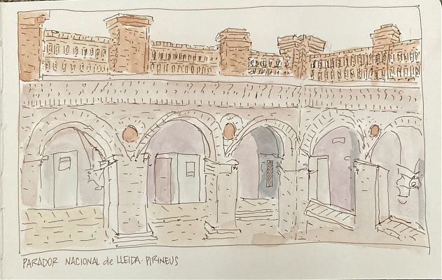 pen and wash drawing of interior of Lleida parador