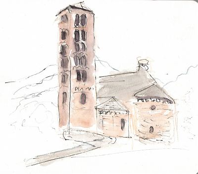 A line and wash sketch in warm gray and muted pink of a Romanesque church with a six-story bell tower 