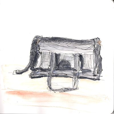 An ink and wash drawing of a black soft-sided cat carrier.