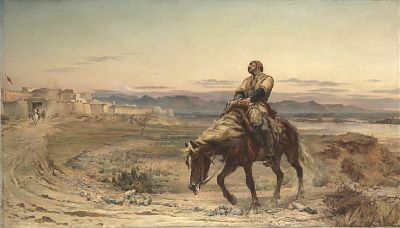 An painting of a weary lone figure on a broken-down horse approaching a fort in mountainous terrain.